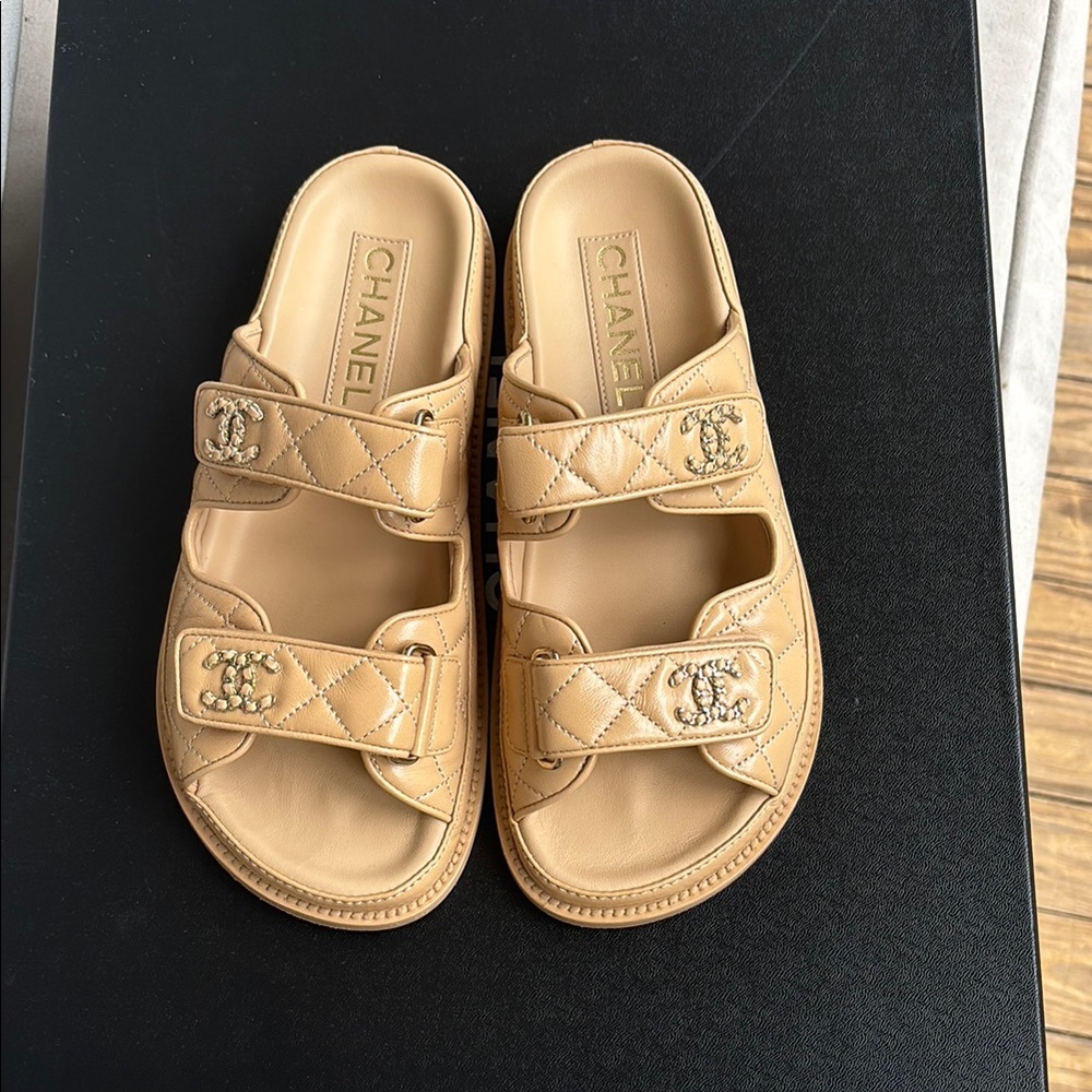 CHANEL Tan Quilted Slide Sandals